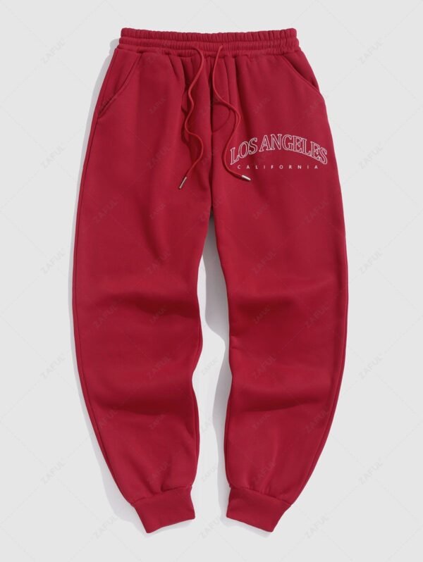Men's Casual Letter Pattern Fuzzy Fleece-lined Drawstring Jogger Sweatpants - Red L - Image 2