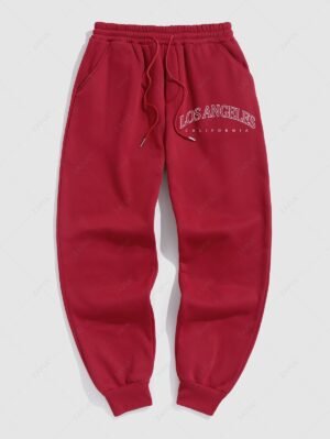 Men's Casual Letter Pattern Fuzzy Fleece-lined Drawstring Jogger Sweatpants - Red L