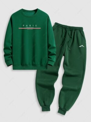 Men's PARIS Letter Graphic Printed Crew Neck Pullover Sweatshirt And Mountain Pattern Fuzzy Fleece-lined Drawstring Jogger Sweatpants Set - Green