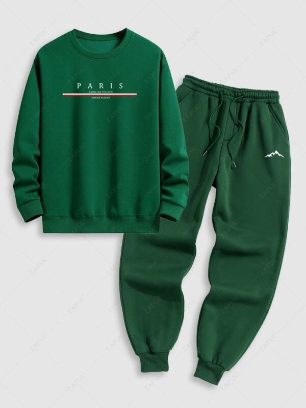 Men's PARIS Letter Graphic Printed Crew Neck Pullover Sweatshirt And Mountain Pattern Fuzzy Fleece-lined Drawstring Jogger Sweatpants Set - Green