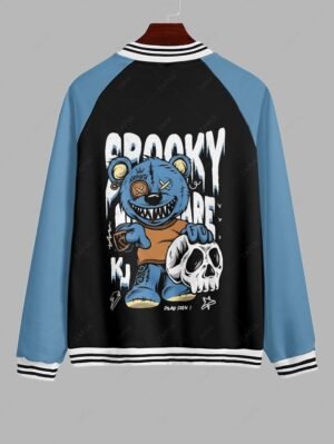 Alternative view of Men's Colorblock Skull Bear Letters Print Contrast Striped Trim Single-breasted Baseball Jacket - Blue S