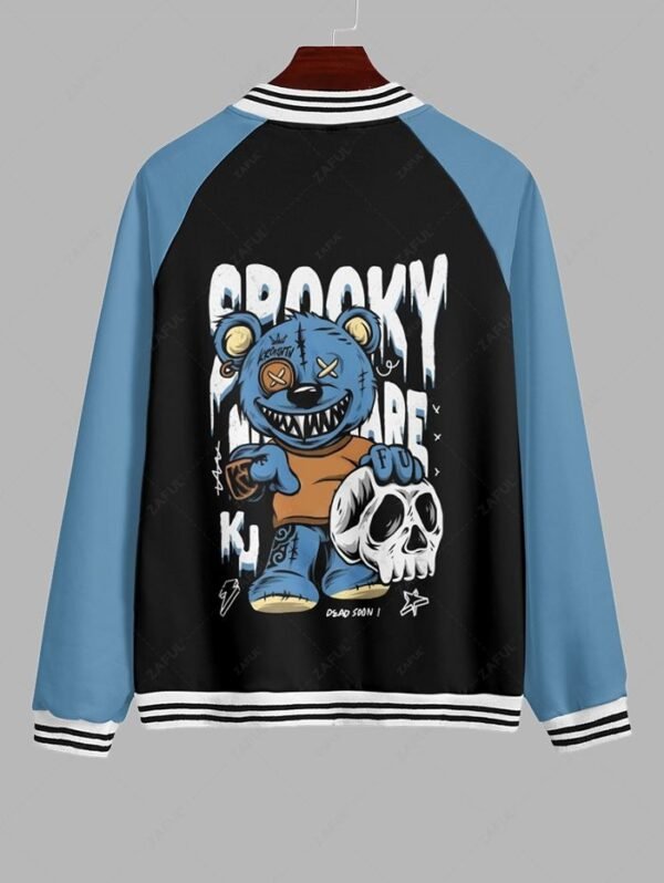 Men's Colorblock Skull Bear Letters Print Contrast Striped Trim Single-breasted Baseball Jacket - Blue S - Image 2
