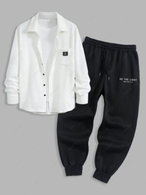 Men's Casual Textured Pocket Patch Design Button Up Long Sleeves Shirt And Letter Pattern Fuzzy Fleece-lined Drawstring Jogger Sweatpants Set - White