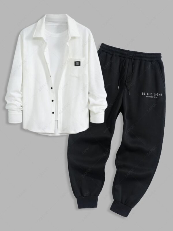 Men's Casual Textured Pocket Patch Design Button Up Long Sleeves Shirt And Letter Pattern Fuzzy Fleece-lined Drawstring Jogger Sweatpants Set - White