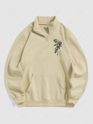Alternative view of Men's Japanese Floral Rose Printed Fuzzy Fleece-lined Half Zip Stand Collar Kangaroo Pocket Design Pullover Sweatshirt - Light Coffee S