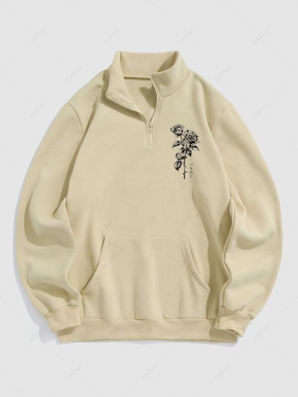 Men's Japanese Floral Rose Printed Fuzzy Fleece-lined Half Zip Stand Collar Kangaroo Pocket Design Pullover Sweatshirt - Light Coffee S - Image 2