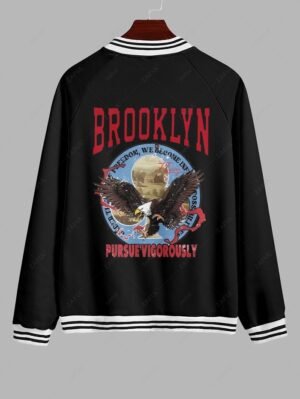 Alternative view of Men's Letter Eagle Graphic Pattern Contrast Striped Trim Single-breasted Baseball Jacket - Black S