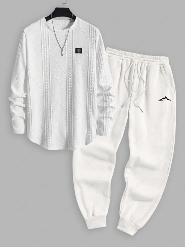 Men's Jacquard Textured Patch Design Crew Neck Pullover Sweatshirt And Mountain Pattern Fuzzy Fleece-lined Drawstring Jogger Sweatpants Set - White - Image 2