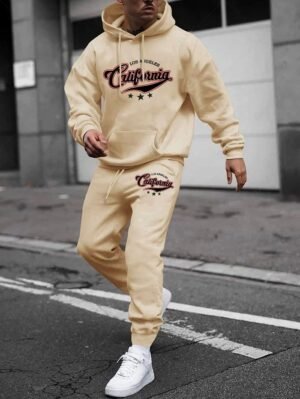 Alternative view of Men's Letter Star Pattern Fuzzy Fleece-lined Kangaroo Pocket Design Pullover Hoodie And Drawstring Jogger Sweatpants Set - Light Coffee