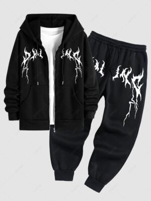 Men's Casual Lightning Pattern Fuzzy Fleece-lined Zip Up Hooded Jacket And Drawstring Jogger Sweatpants Set - Black