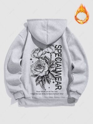 Alternative view of Men's Letter Floral Rose Pattern Fuzzy Fleece-lined Kangaroo Pocket Design Pullover Hoodie - Gray S