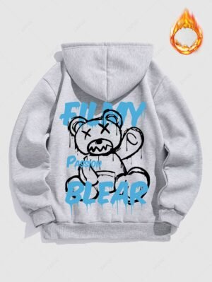 Men's Letter Bear Graphic Pattern Fuzzy Fleece-lined Kangaroo Pocket Design Pullover Hoodie - Gray S