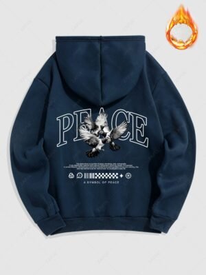 Alternative view of Men's Letter Peace Dove Graphic Pattern Fuzzy Fleece-lined Kangaroo Pocket Design Pullover Hoodie - Deep Blue S