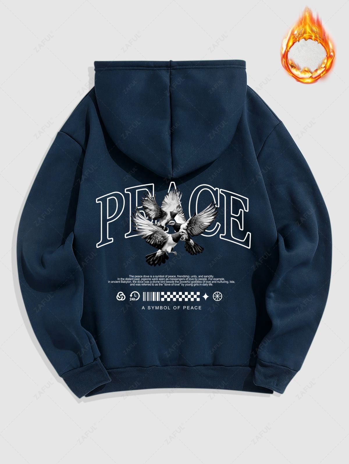 Men's Letter Peace Dove Graphic Pattern Fuzzy Fleece-lined Kangaroo Pocket Design Pullover Hoodie - Deep Blue S - Image 2