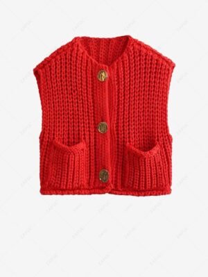 Alternative view of Women's Solid Color Pocket Design Sleeveless Knit Cardigan - Red L