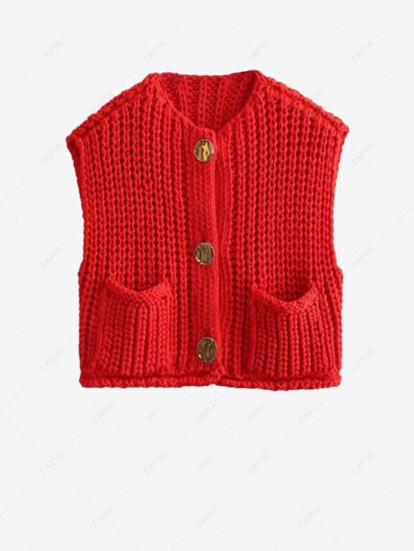 Women's Solid Color Pocket Design Sleeveless Knit Cardigan - Red L - Image 2